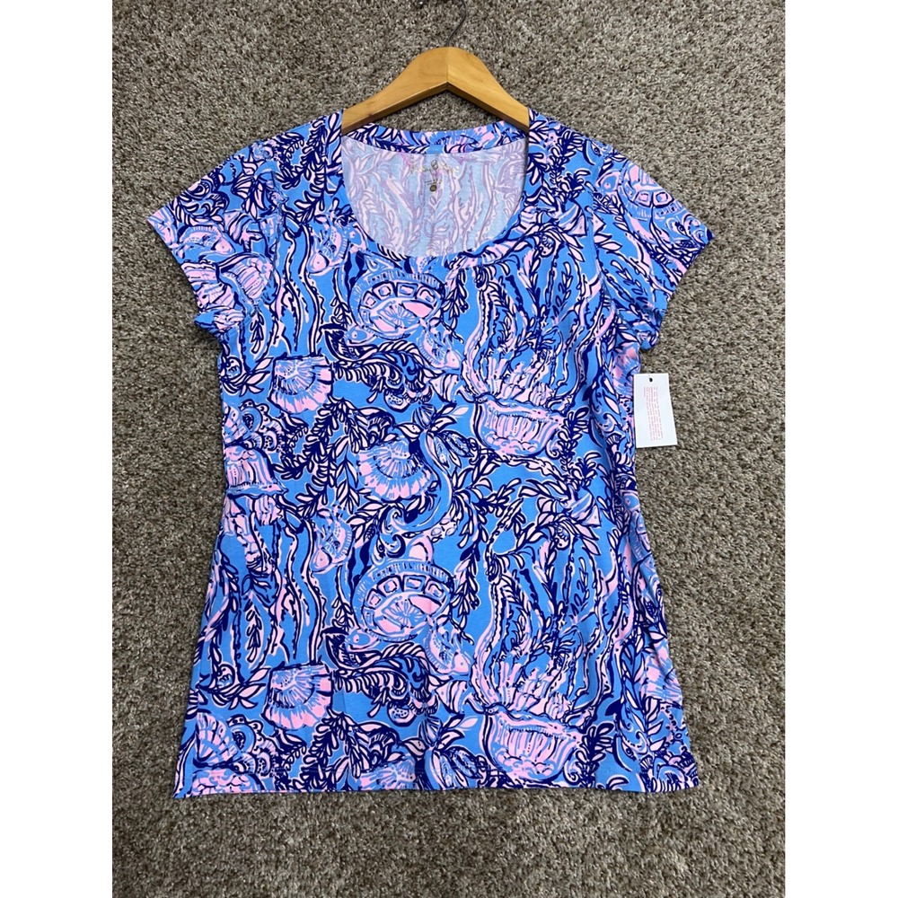 Lilly Pulitzer Etta V-Neck Tee XL Blue Pink Sea Turtle Shell Print Short Sleeve